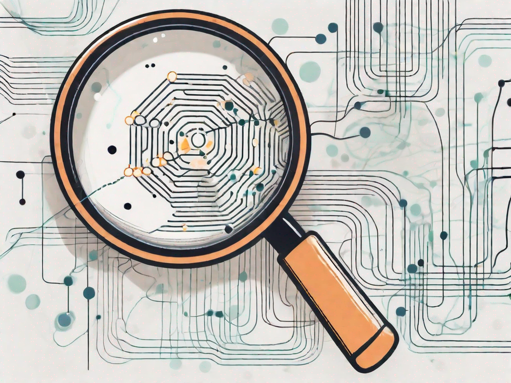 A magnifying glass focusing on a computer screen displaying a series of connected dots