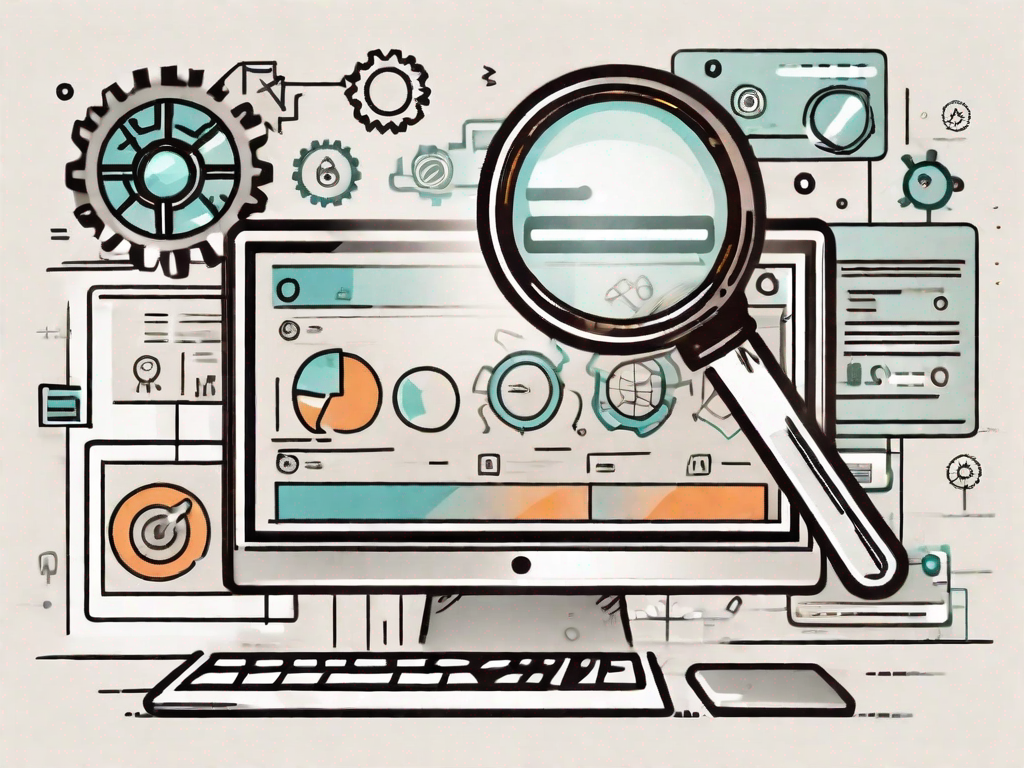 A magnifying glass hovering over a symbolic computer screen with various seo-related icons like a search bar