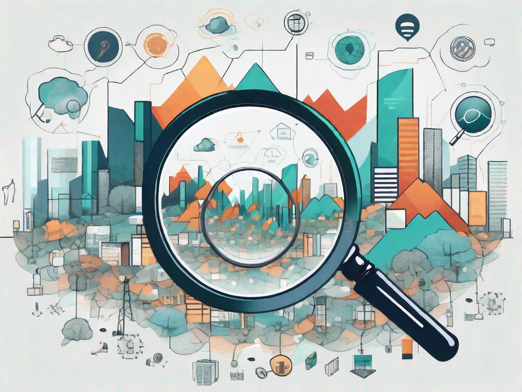 A magnifying glass hovering over a digital landscape made up of various business-related icons