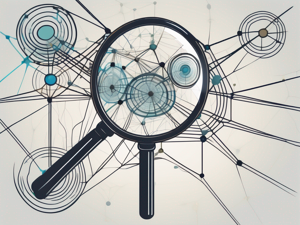 A magnifying glass hovering over a web of interconnected nodes
